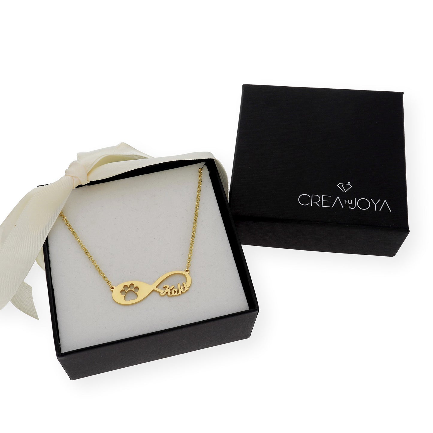 Colgante Infinito Artemis Huella Perro con Nombre en Plata 925 con Baño de Oro 18k