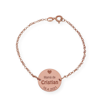 Pulsera Dije Ina Mamá con nombre y Fecha en Plata 925 y Baño de Oro Rosa 18k