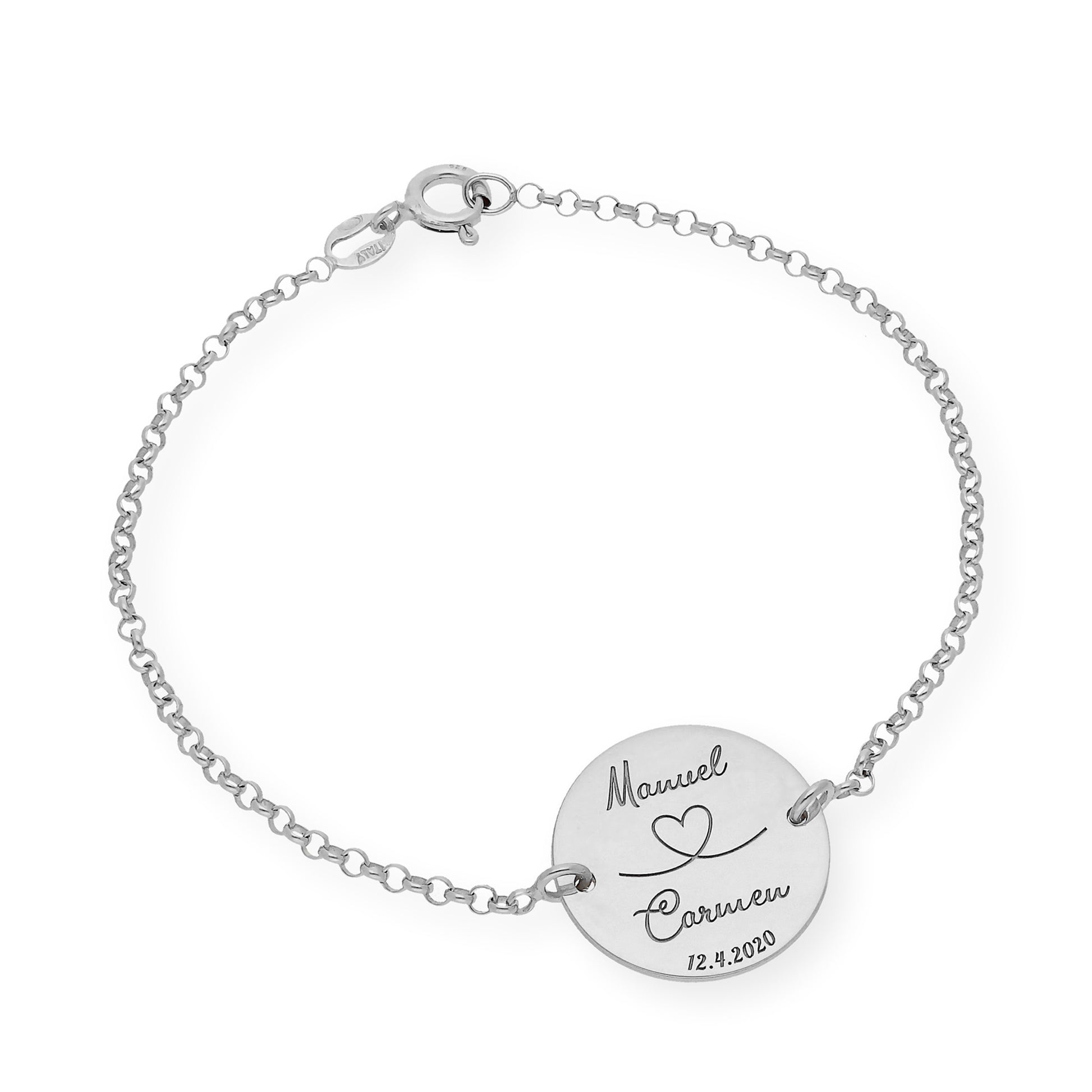 Pulsera Dije Nara Corazón con Nombres y fecha en Plata 925