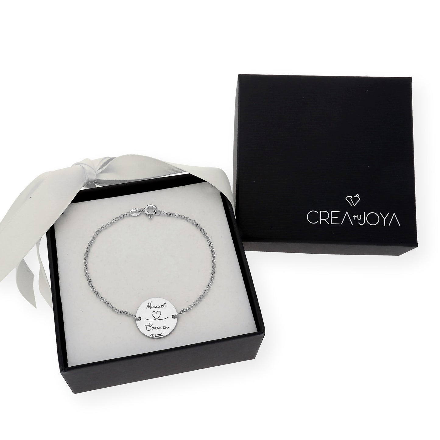 Pulsera Dije Nara Corazón con Nombres y fecha en Plata 925
