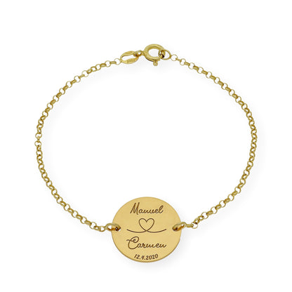 Pulsera Dije Nara Corazón con Nombres y fecha en Plata 925 con Baño de Oro 18k