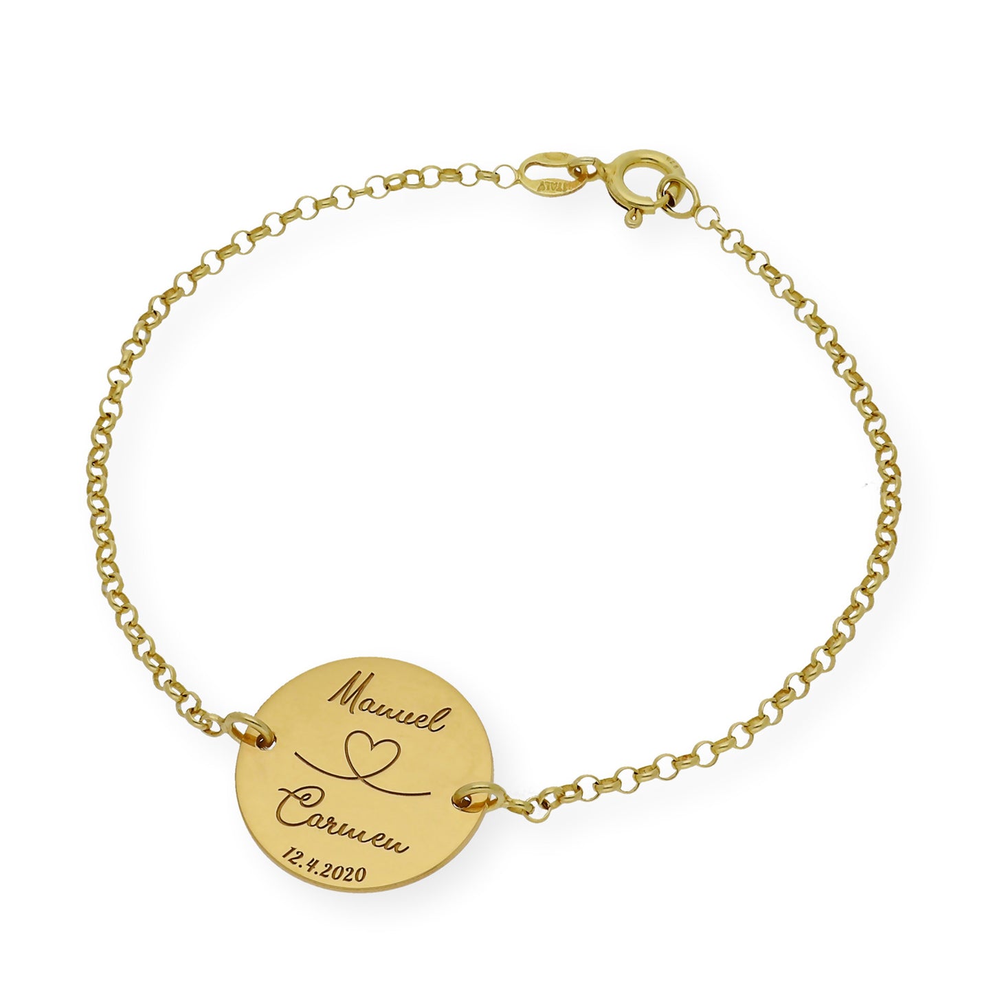 Pulsera Dije Nara Corazón con Nombres y fecha en Plata 925 con Baño de Oro 18k