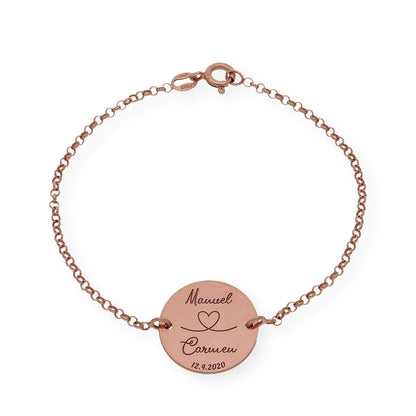 Pulsera Dije Nara Corazón con Nombres y fecha en Plata 925 con Baño de Oro 18k
