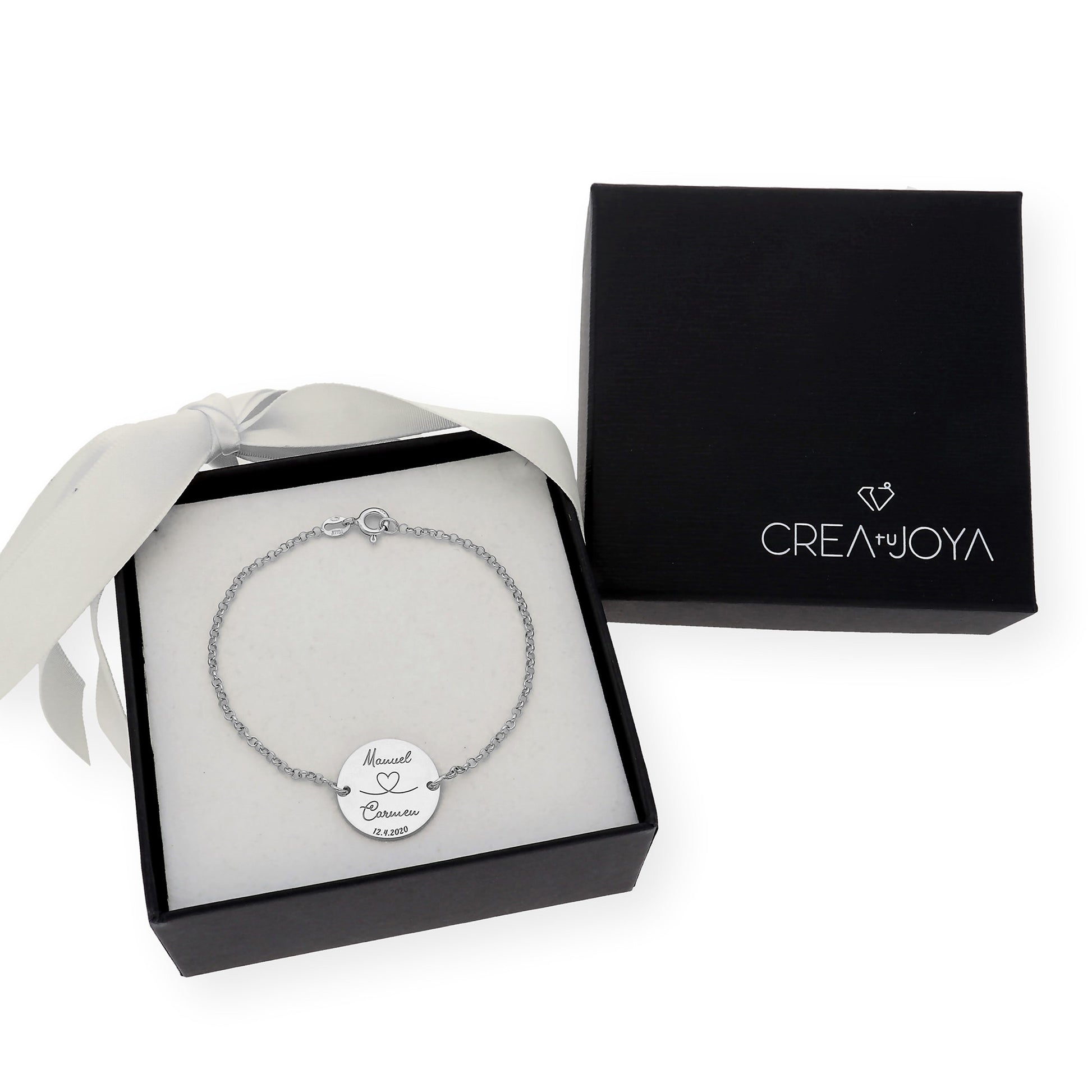 Pulsera Dije Nara Corazón con Nombres y fecha en Plata 925 con Baño de Oro 18k