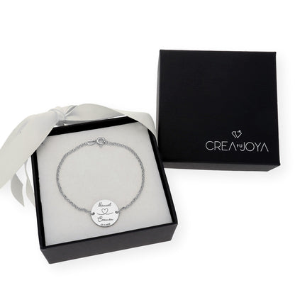 Pulsera Dije Nara Corazón con Nombres y fecha en Plata 925 con Baño de Oro 18k