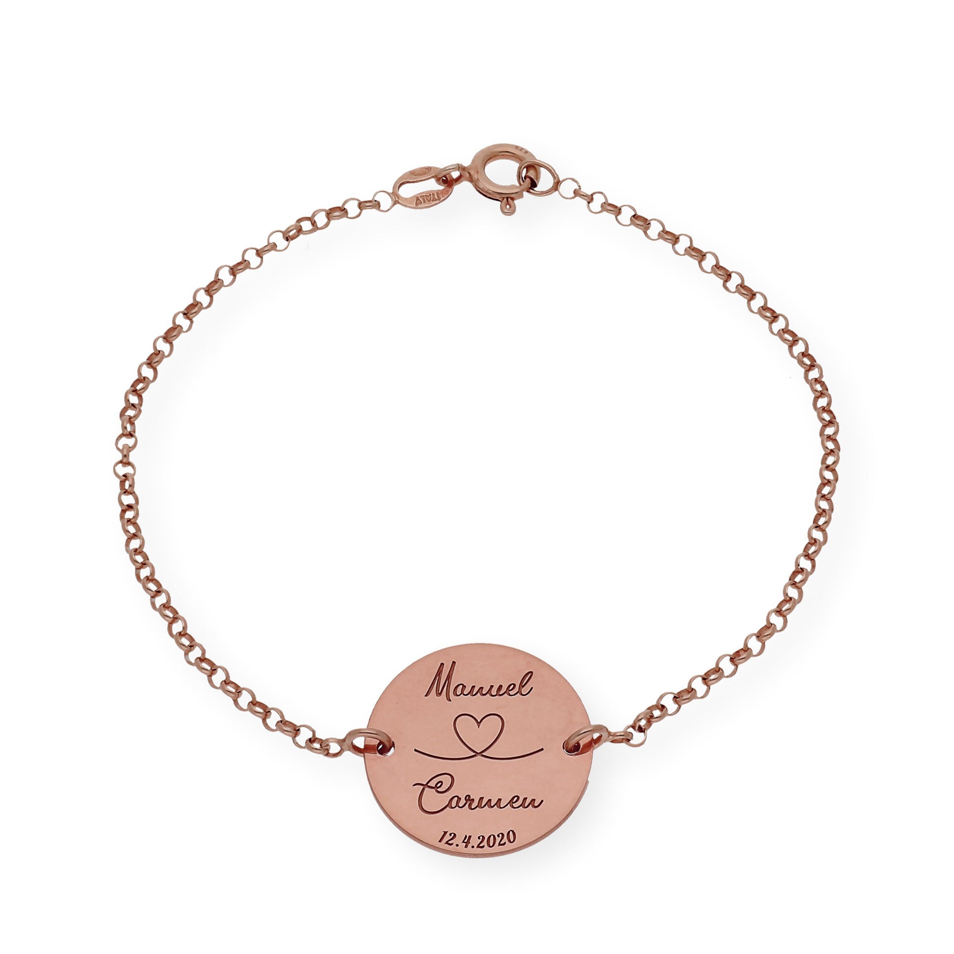 Pulsera Dije Nara Corazón con Nombres y fecha en Plata 925 con Baño de Oro Rosa 18k