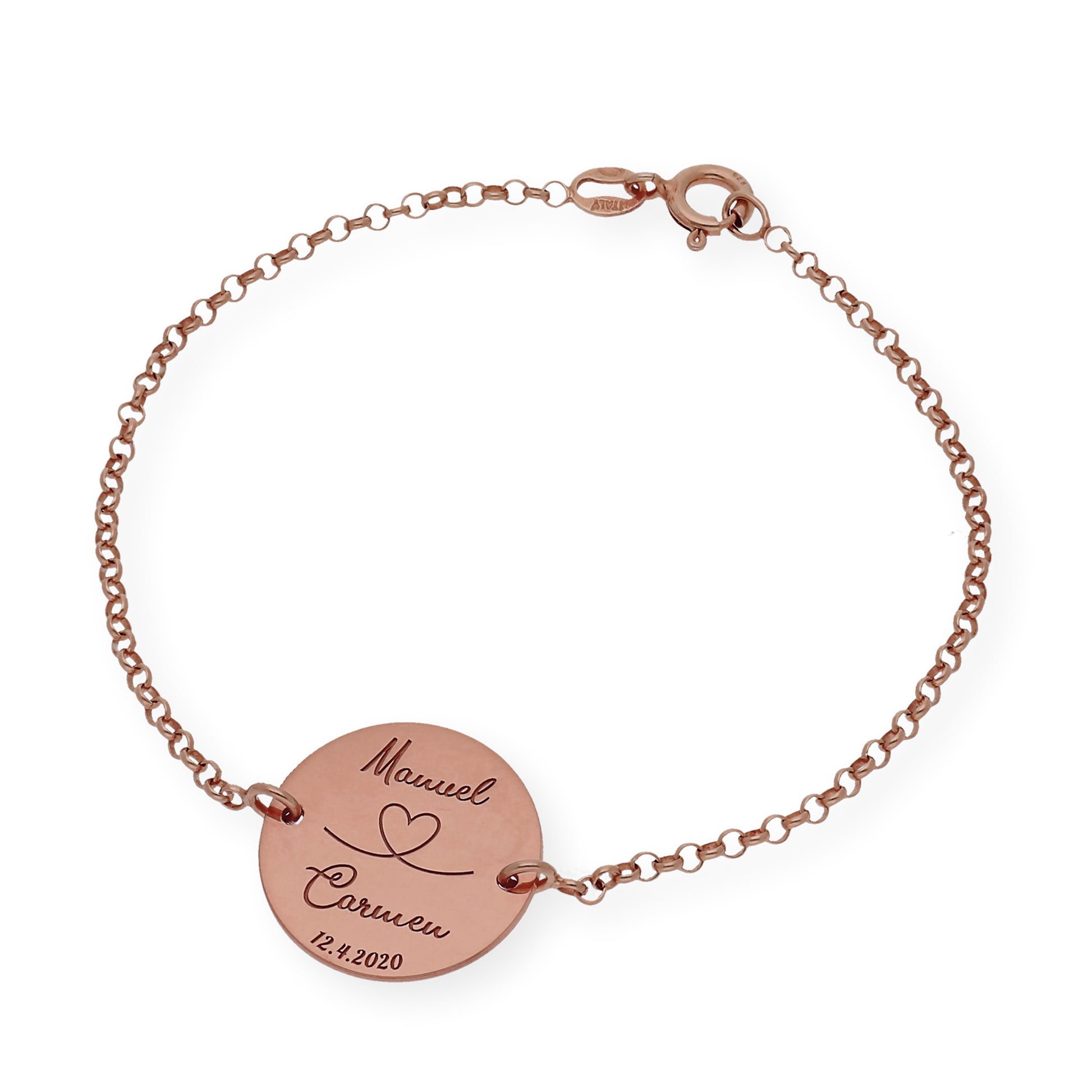 Pulsera Dije Nara Corazón con Nombres y fecha en Plata 925 con Baño de Oro Rosa 18k