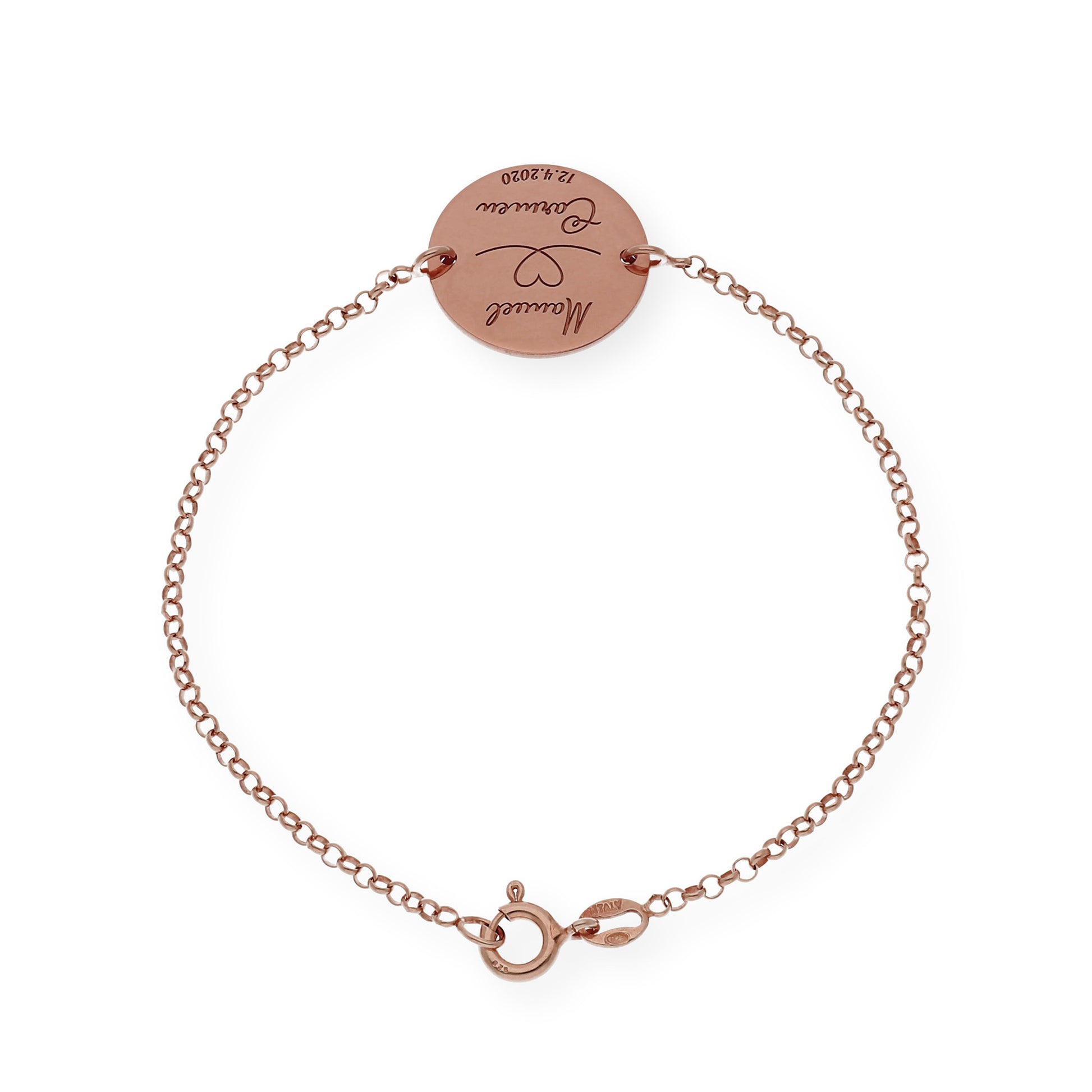 Pulsera Dije Nara Corazón con Nombres y fecha en Plata 925 con Baño de Oro Rosa 18k