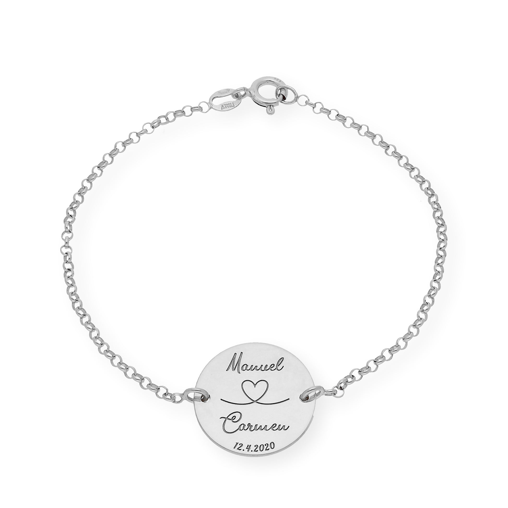 Pulsera Dije Nara Corazón con Nombres y fecha en Plata 925 con Baño de Oro Rosa 18k