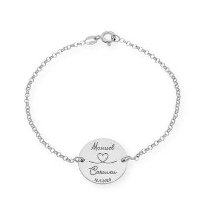 Pulsera Dije Nara Corazón con Nombres y fecha en Plata 925 con Baño de Oro Rosa 18k