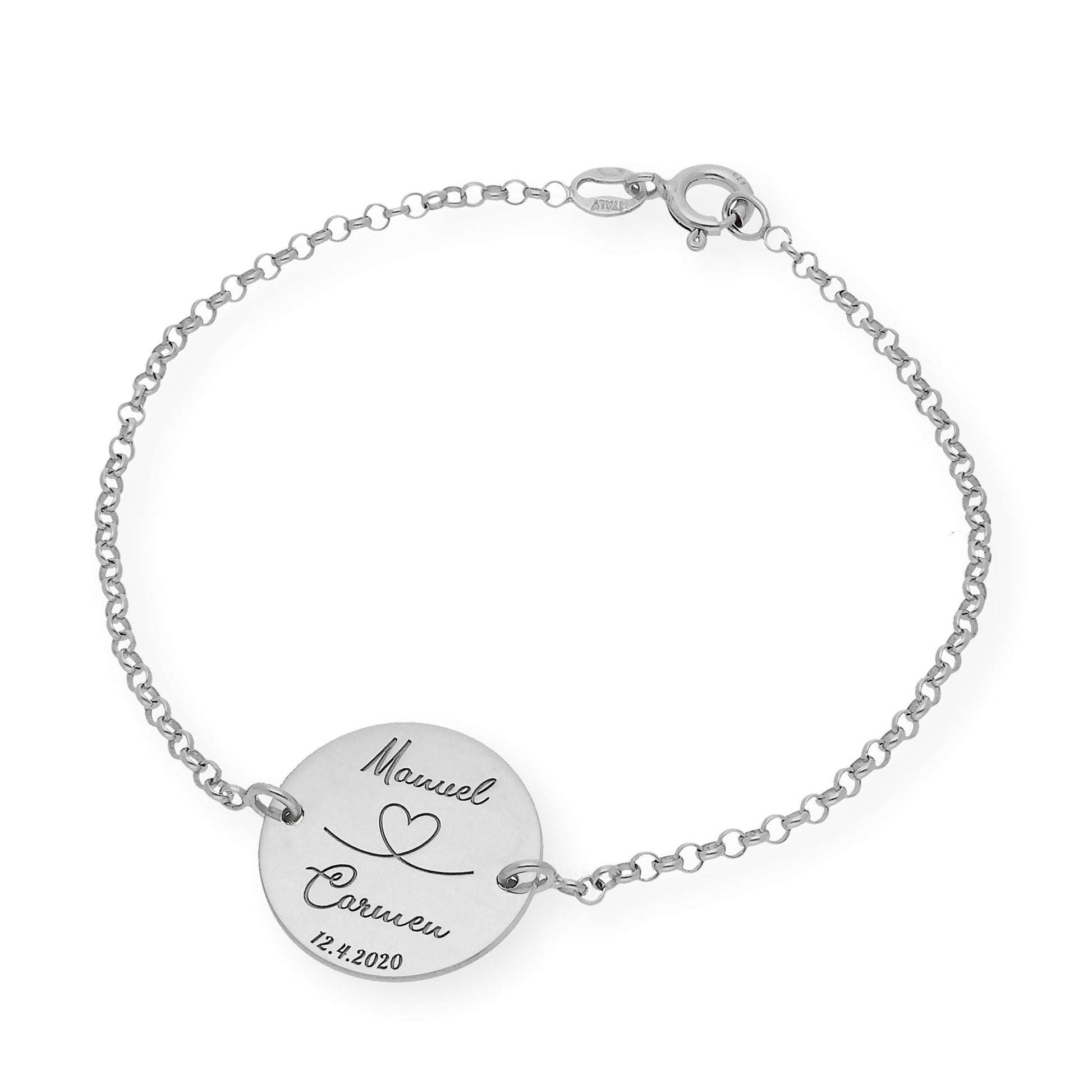 Pulsera Dije Nara Corazón con Nombres y fecha en Plata 925 con Baño de Oro Rosa 18k