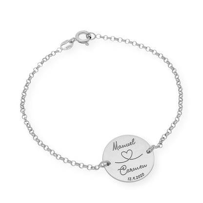 Pulsera Dije Nara Corazón con Nombres y fecha en Plata 925 con Baño de Oro Rosa 18k