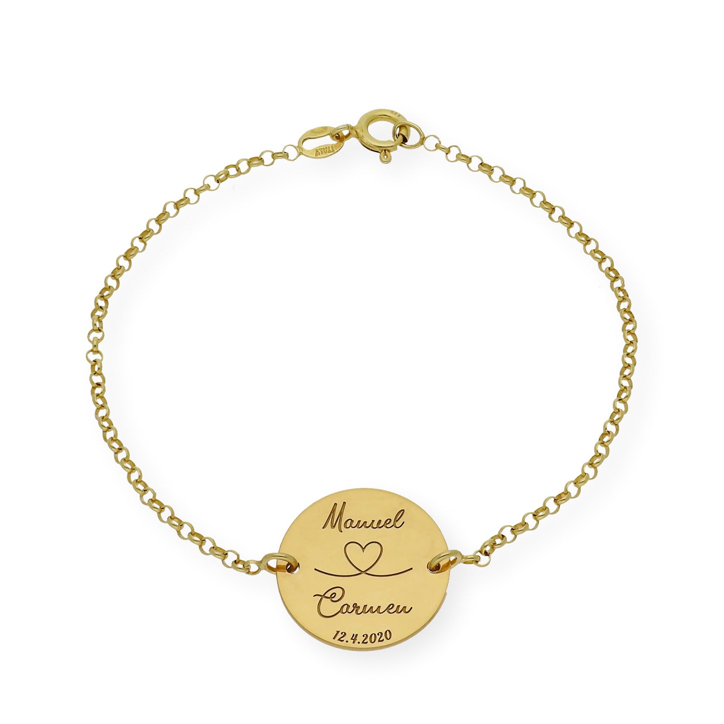 Pulsera Dije Nara Corazón con Nombres y fecha en Plata 925 con Baño de Oro Rosa 18k