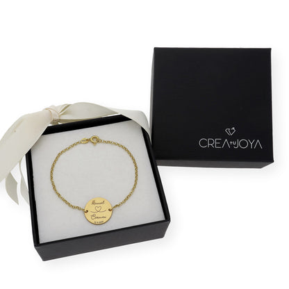 Pulsera Dije Nara Corazón con Nombres y fecha en Plata 925 con Baño de Oro Rosa 18k