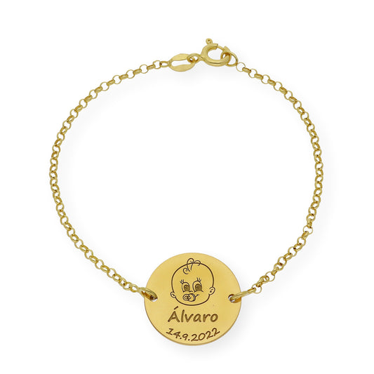 Pulsera Dije Bebe con Nombre y Fecha en Plata 925 con Baño de Oro 18k
