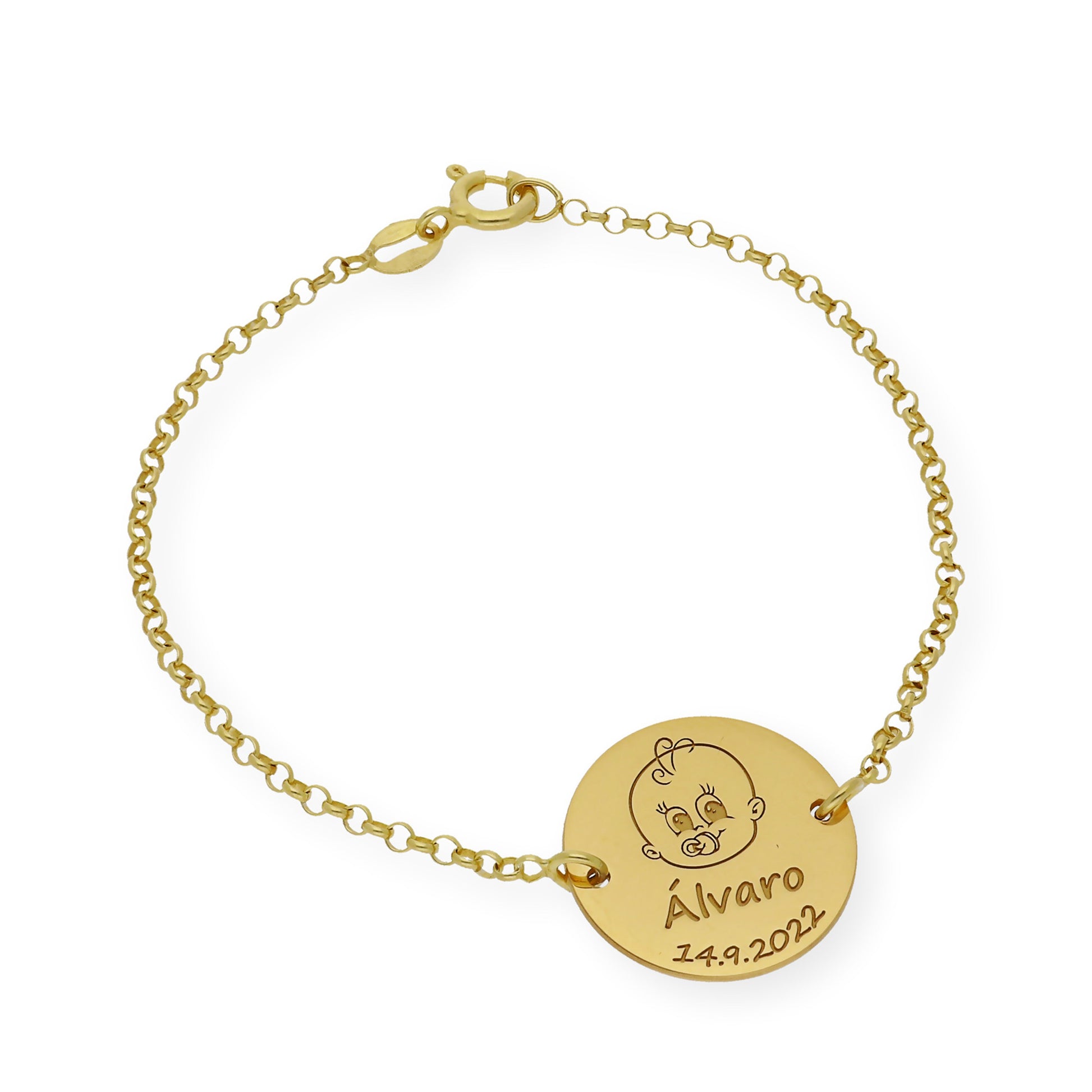Pulsera Dije Bebe con Nombre y Fecha en Plata 925 con Baño de Oro 18k