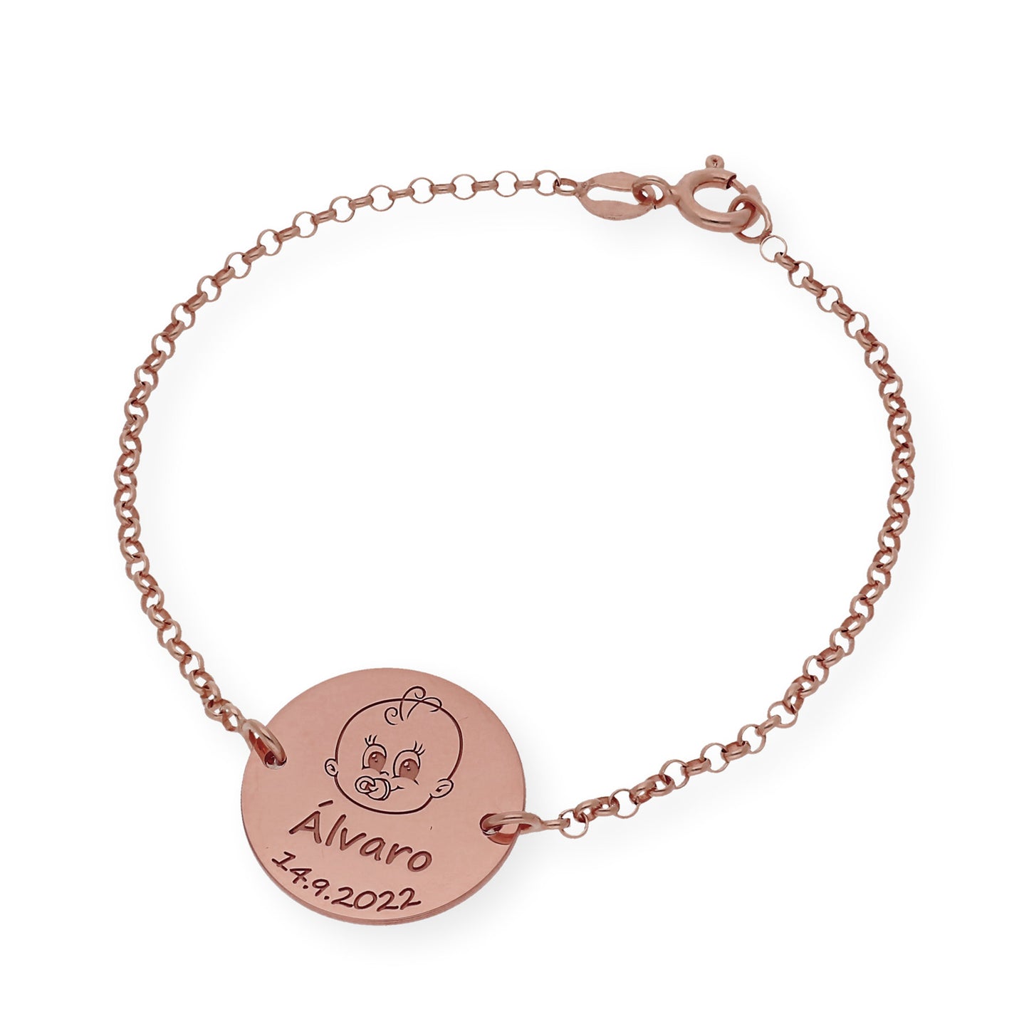 Pulsera Dije Bebe con Nombre y Fecha en Plata 925 con Baño de Oro 18k