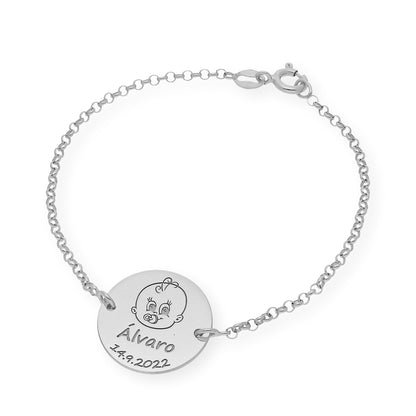 Pulsera Dije Bebe con Nombre y Fecha en Plata 925 con Baño de Oro 18k