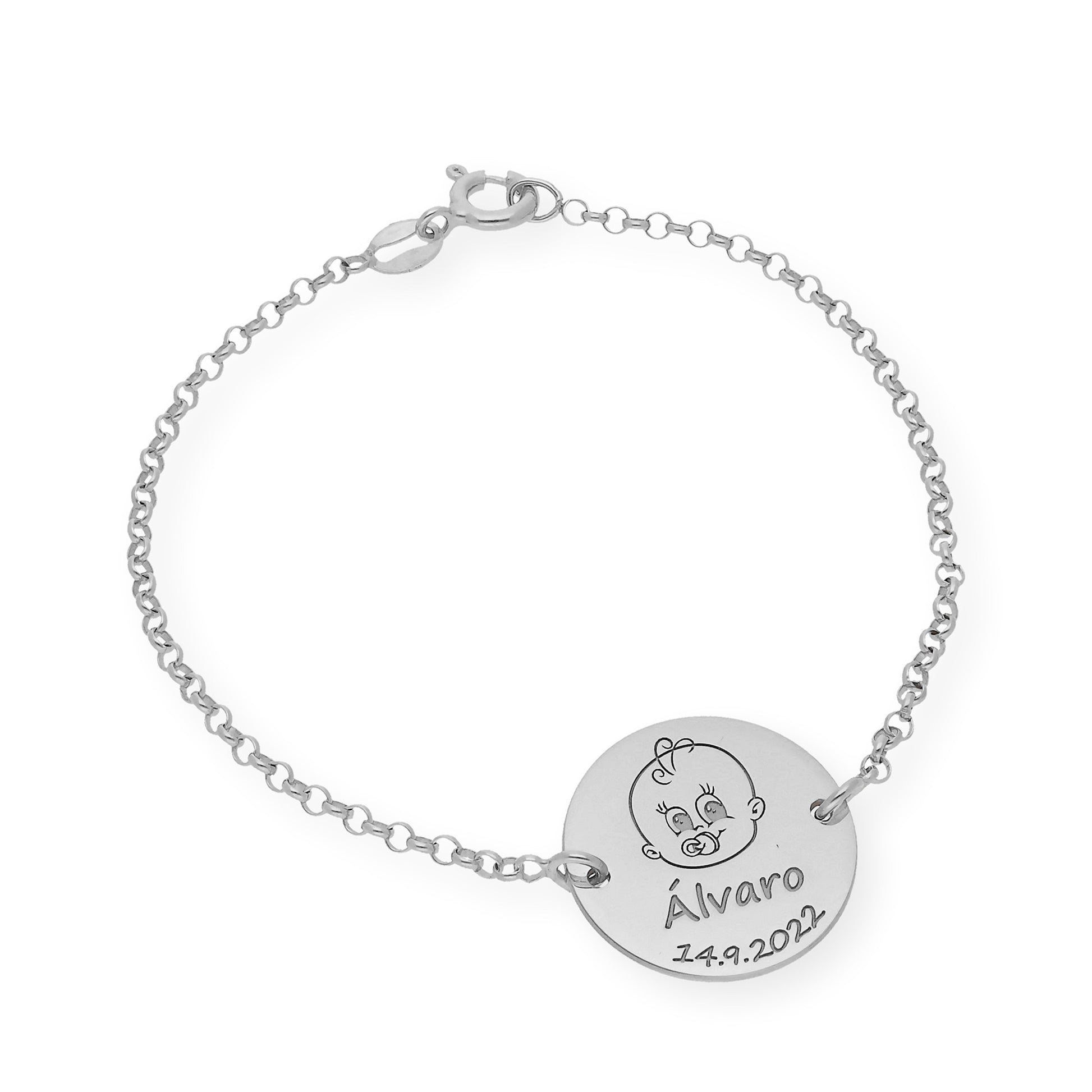 Pulsera Dije Bebe con Nombre y Fecha en Plata 925 con Baño de Oro 18k