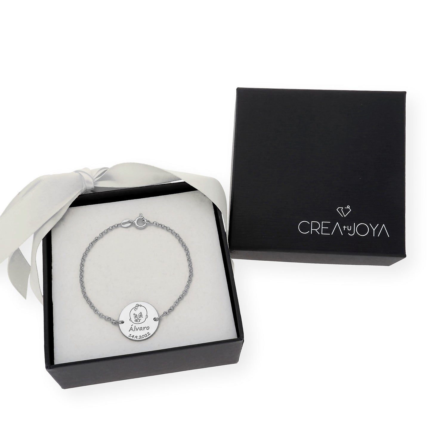Pulsera Dije Bebe con Nombre y Fecha en Plata 925 con Baño de Oro 18k