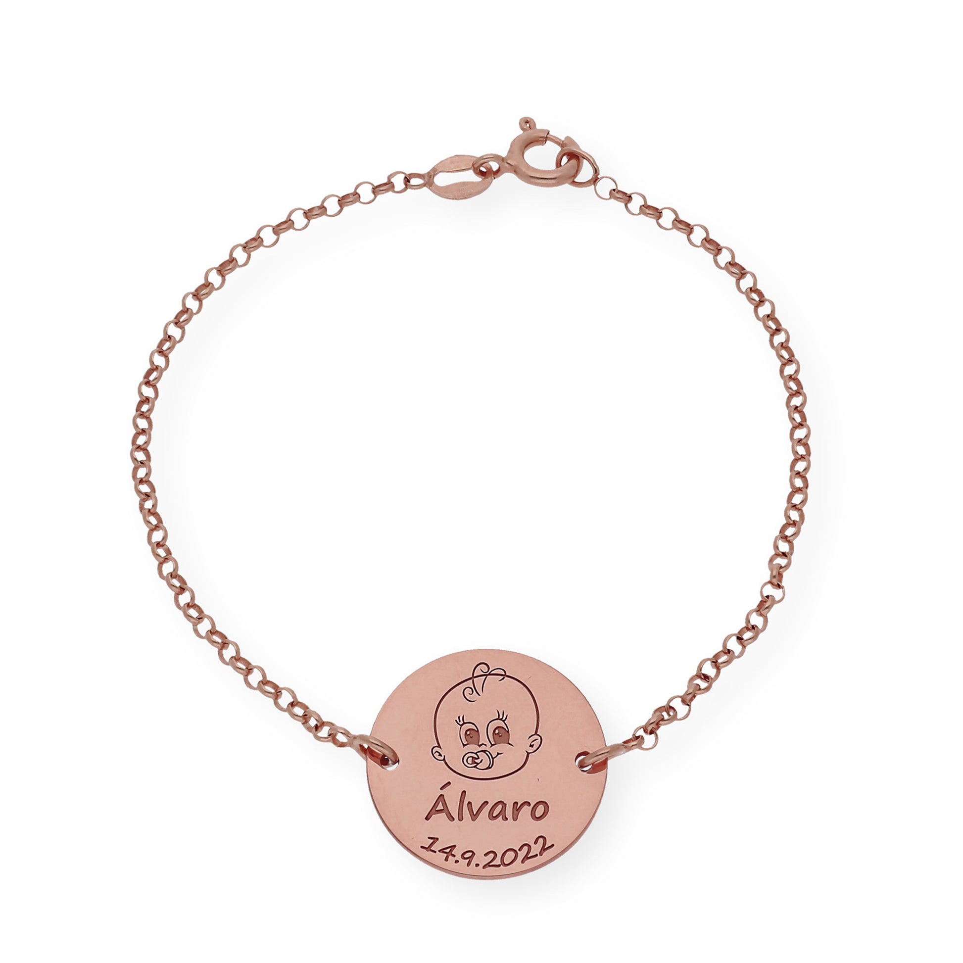 Pulsera Dije Bebe con Nombre y Fecha en Plata 925 con Baño de Oro Rosa 18k