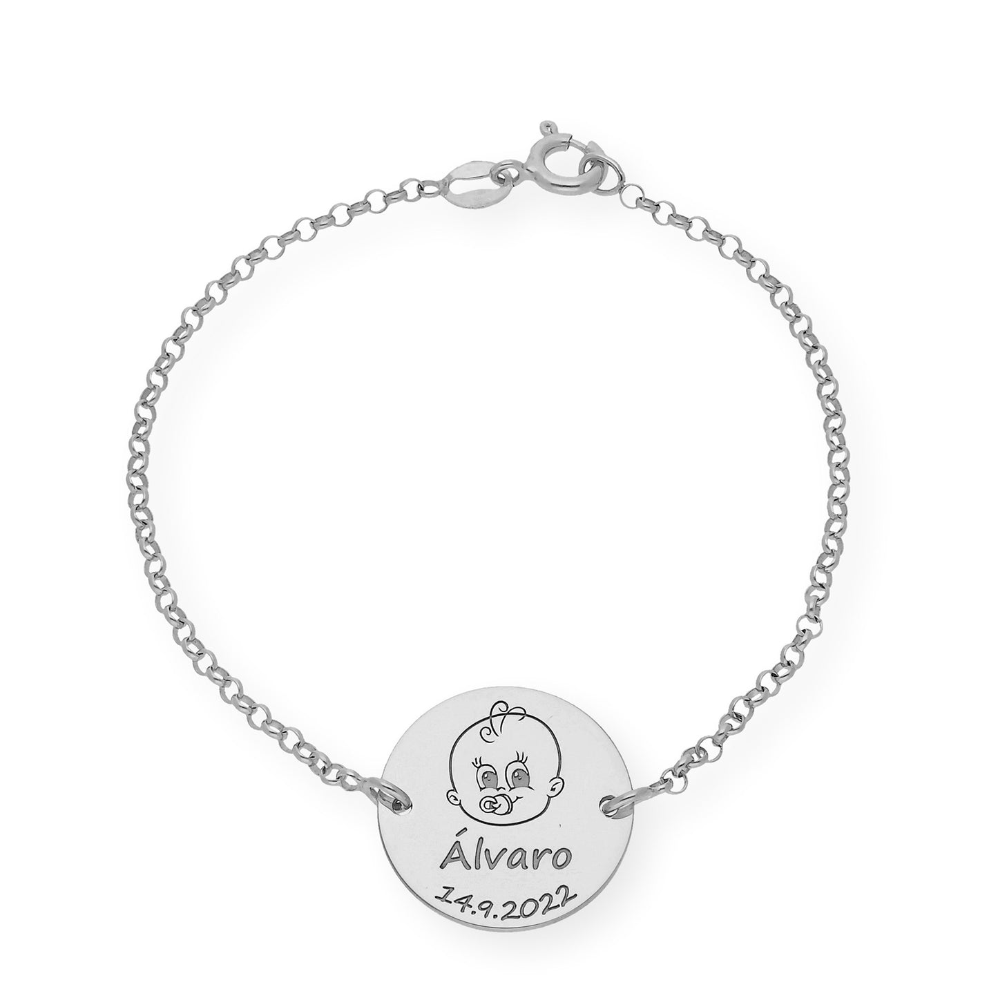 Pulsera Dije Bebe con Nombre y Fecha en Plata 925 con Baño de Oro Rosa 18k