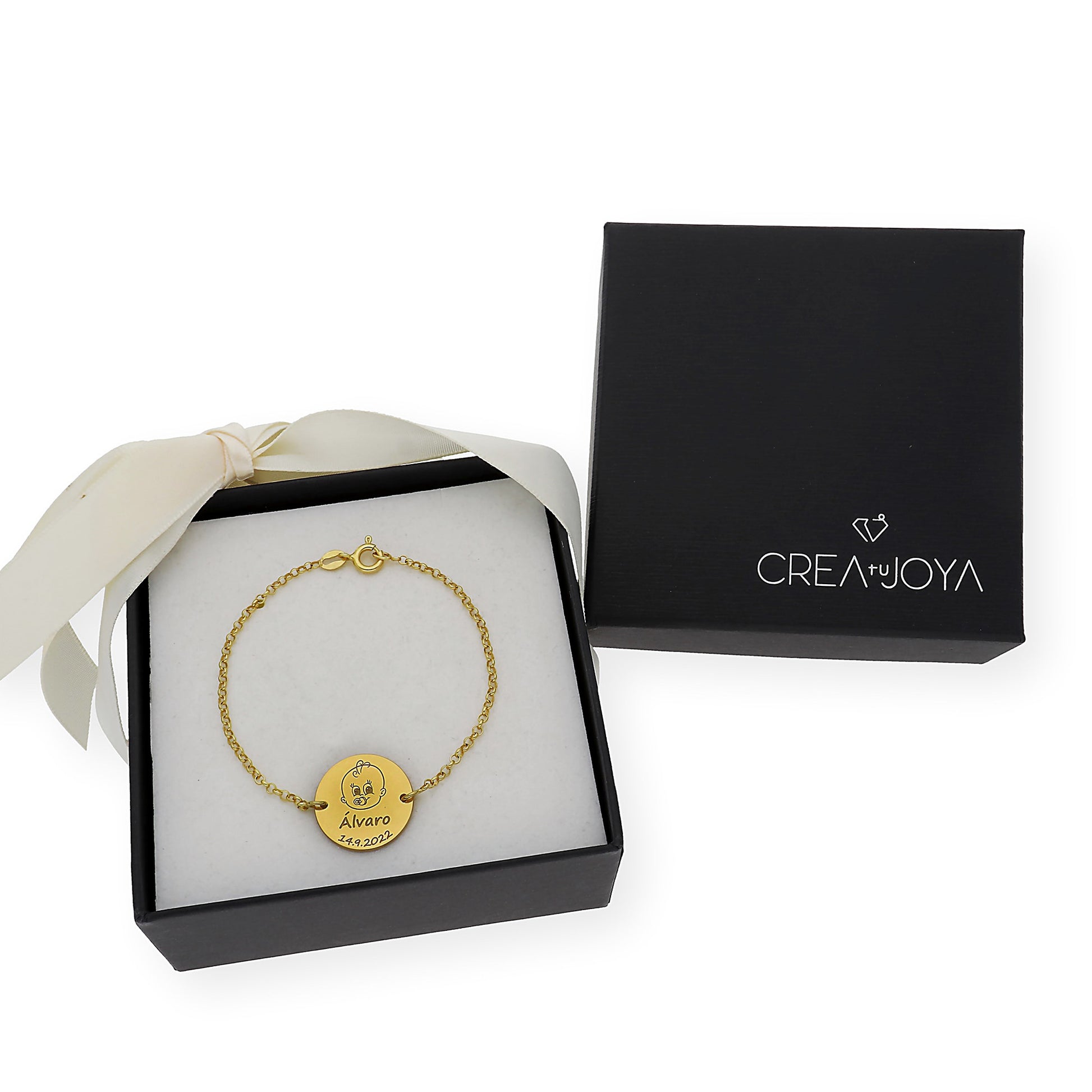Pulsera Dije Bebe con Nombre y Fecha en Plata 925 con Baño de Oro Rosa 18k