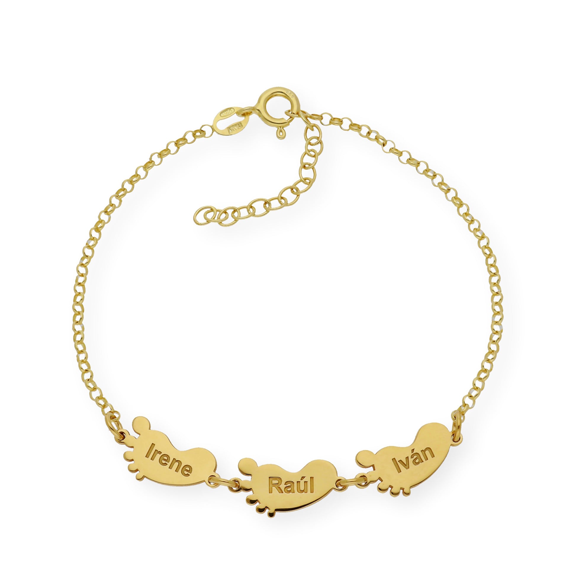 Pulsera "Mis pequeños" Pies con Nombres en Plata 925 y Baño de Oro 18K