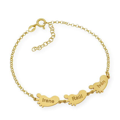 Pulsera "Mis pequeños" Pies con Nombres en Plata 925 y Baño de Oro 18K
