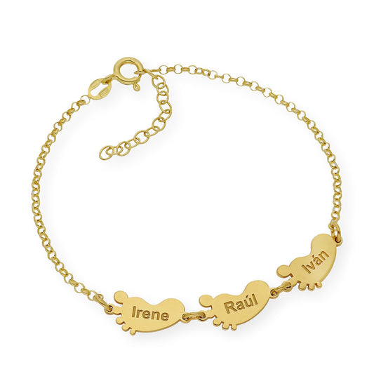 Pulsera "Mis pequeños" Pies con Nombres en Plata 925 y Baño de Oro 18K
