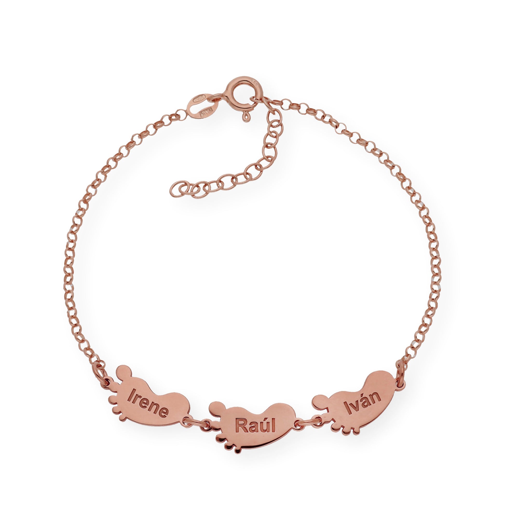 Pulsera "Mis pequeños" Pies con Nombres en Plata 925 y Baño de Oro Rosa 18K