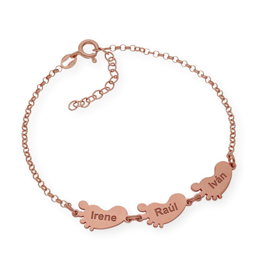 Pulsera "Mis pequeños" Pies con Nombres en Plata 925 y Baño de Oro Rosa 18K
