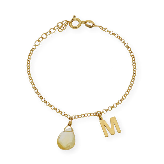 Pulsera Alain Inicial con Cuarzo Citrino en Plata 925 y Baño de Oro 18k