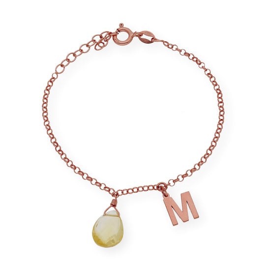 Pulsera Alain Inicial con Cuarzo Citrino en Plata 925 y Baño de Oro Rosa 18k