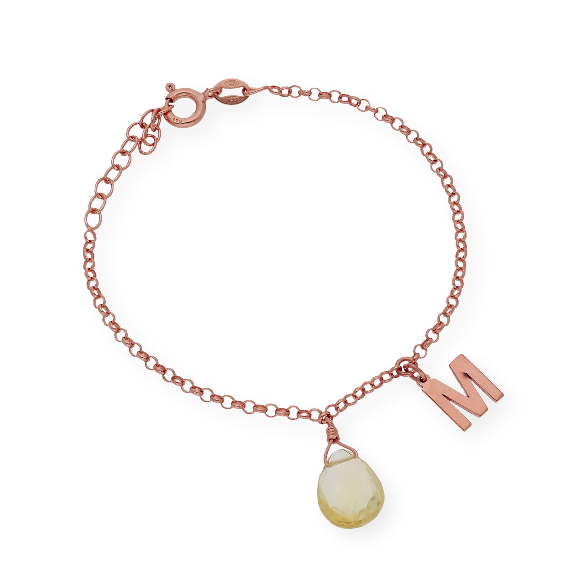 Pulsera Alain Inicial con Cuarzo Citrino en Plata 925 y Baño de Oro Rosa 18k