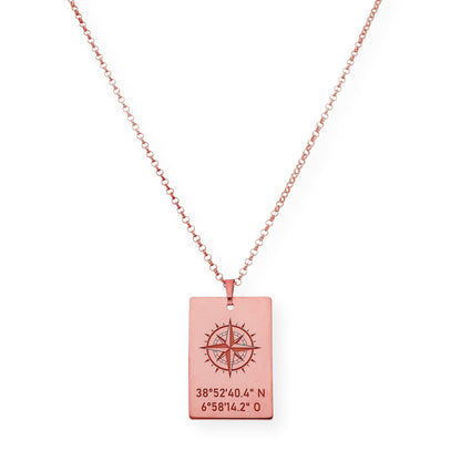 Colgante Brújula con Coordenadas en Plata 925 con Baño de Oro Rosa 18k