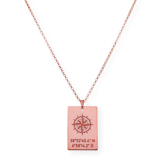 Colgante Brújula con Coordenadas en Plata 925 con Baño de Oro Rosa 18k