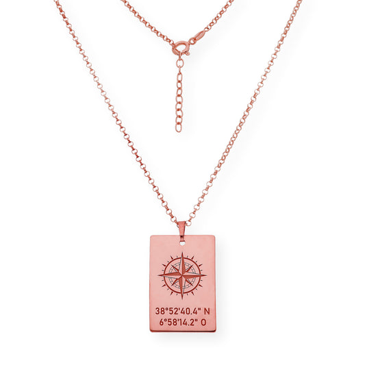 Colgante Brújula con Coordenadas en Plata 925 con Baño de Oro Rosa 18k