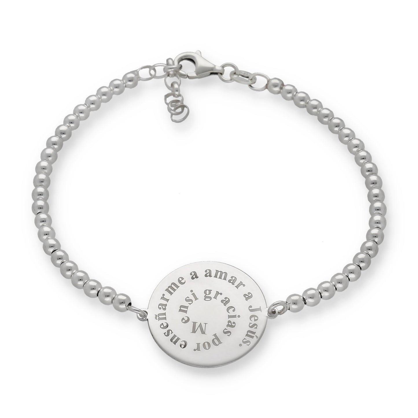 Pulsera con dije redondo y cadena de bolas de plata 925