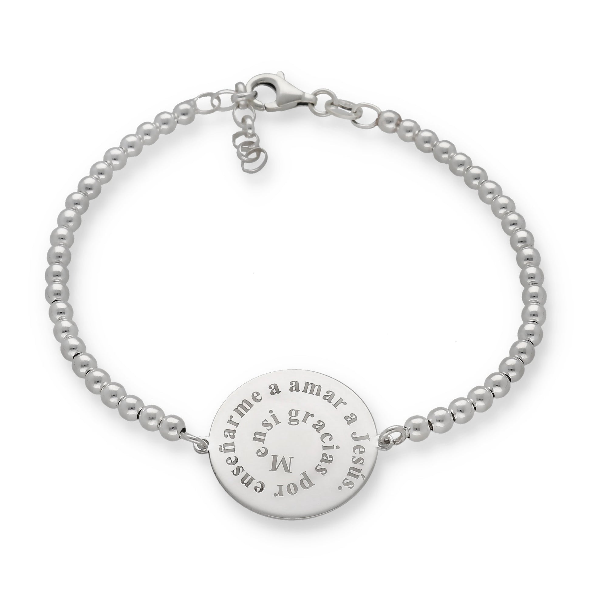 Pulsera con dije redondo y cadena de bolas de plata 925