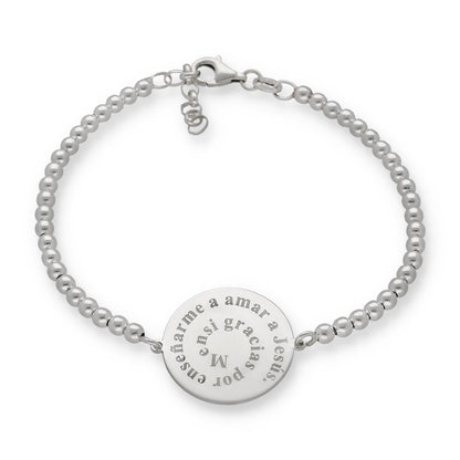 Pulsera con dije redondo y cadena de bolas de plata 925