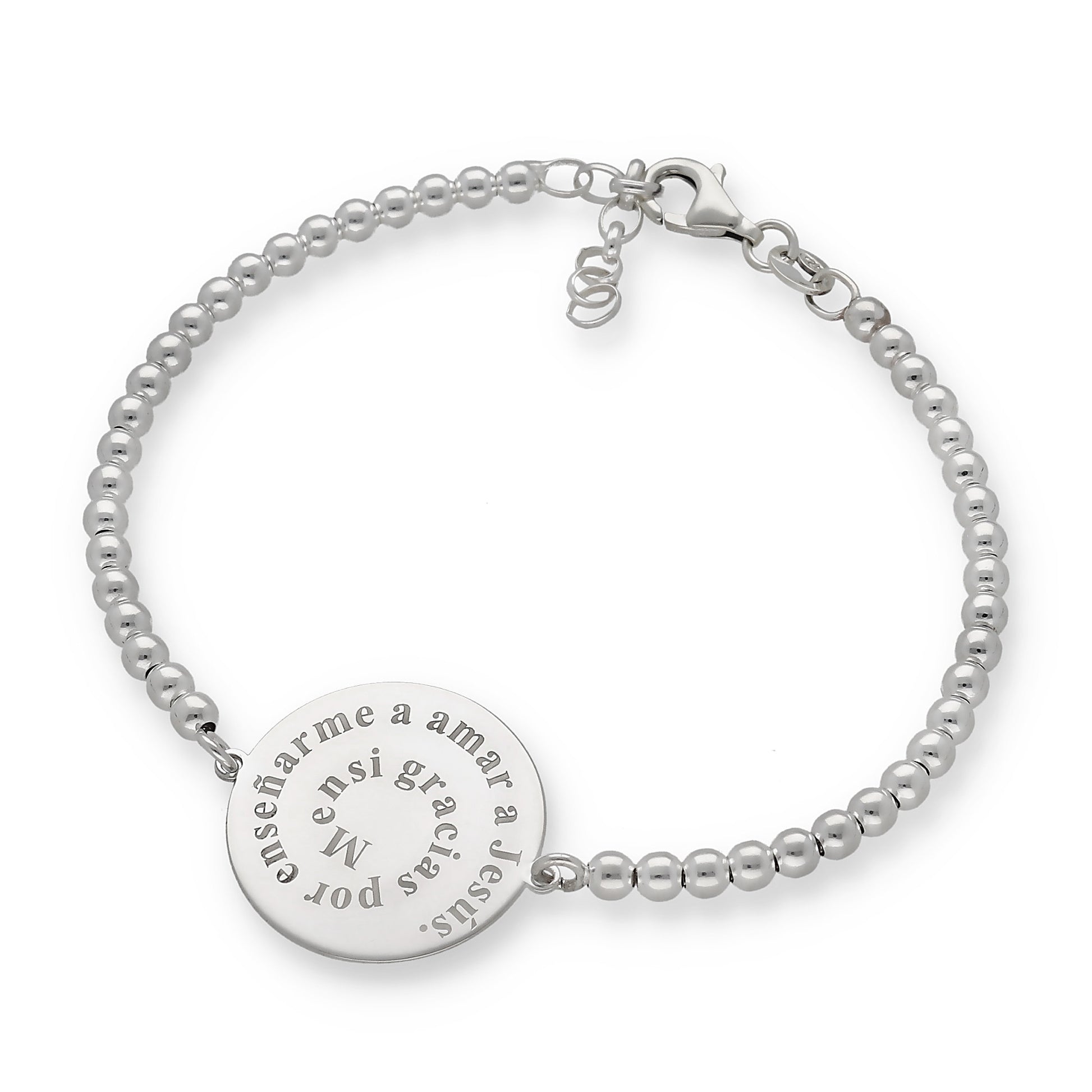 Pulsera con dije redondo y cadena de bolas de plata 925