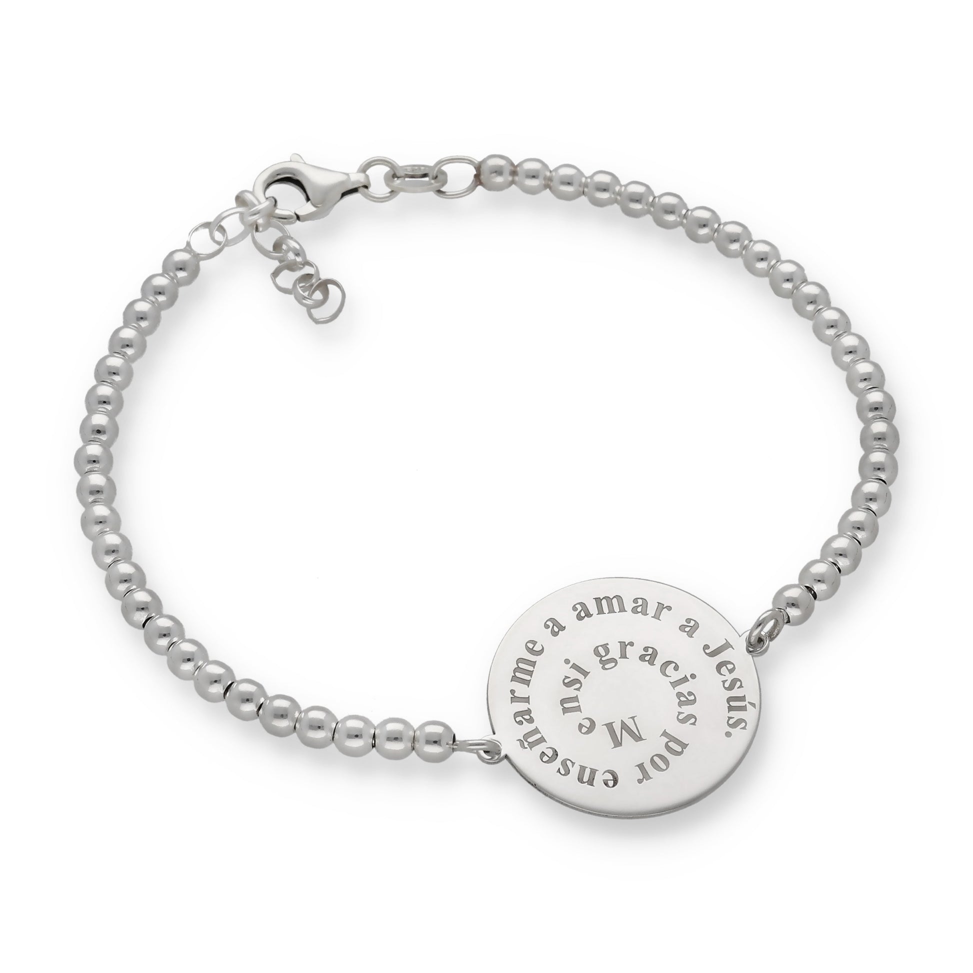 Pulsera con dije redondo y cadena de bolas de plata 925