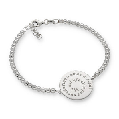 Pulsera con dije redondo y cadena de bolas de plata 925