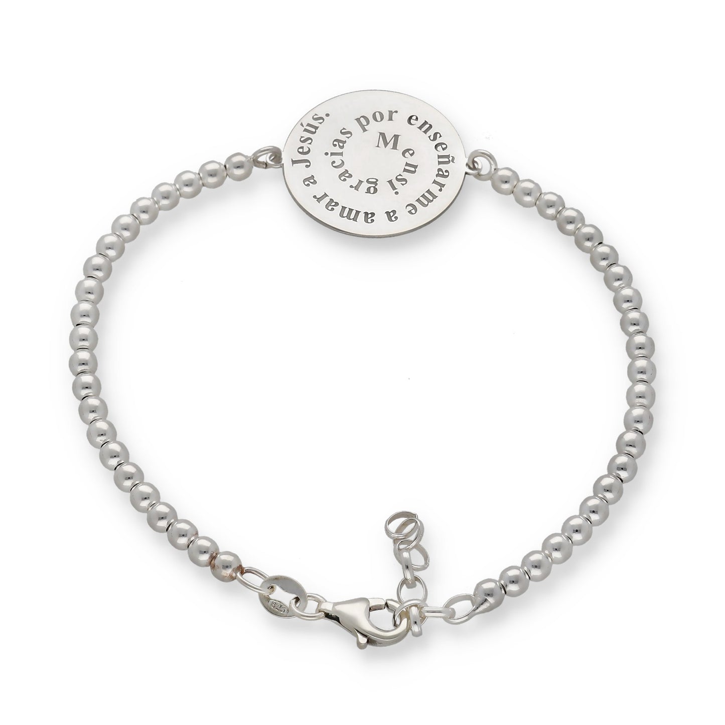 Pulsera con dije redondo y cadena de bolas de plata 925