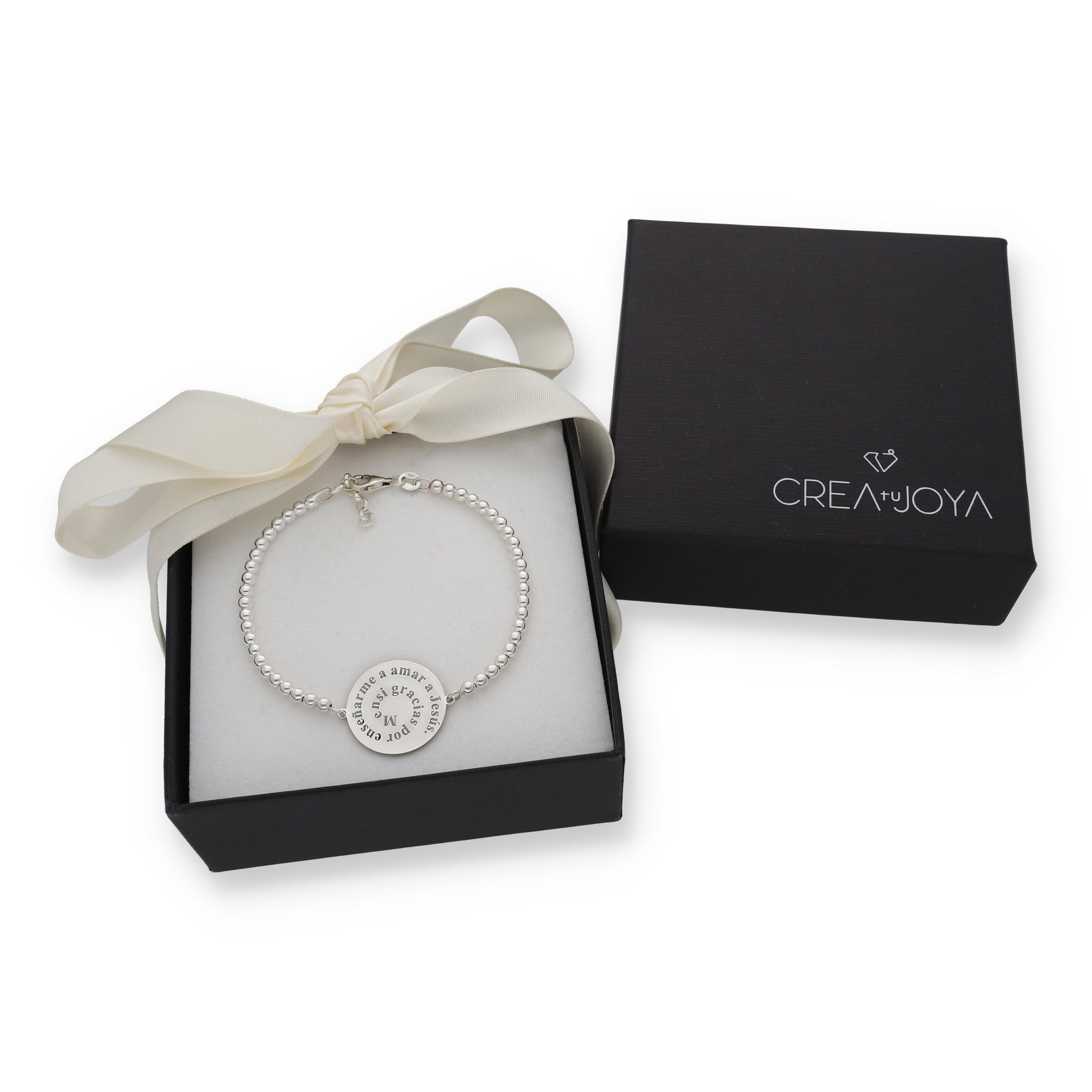 Pulsera con dije redondo y cadena de bolas de plata 925