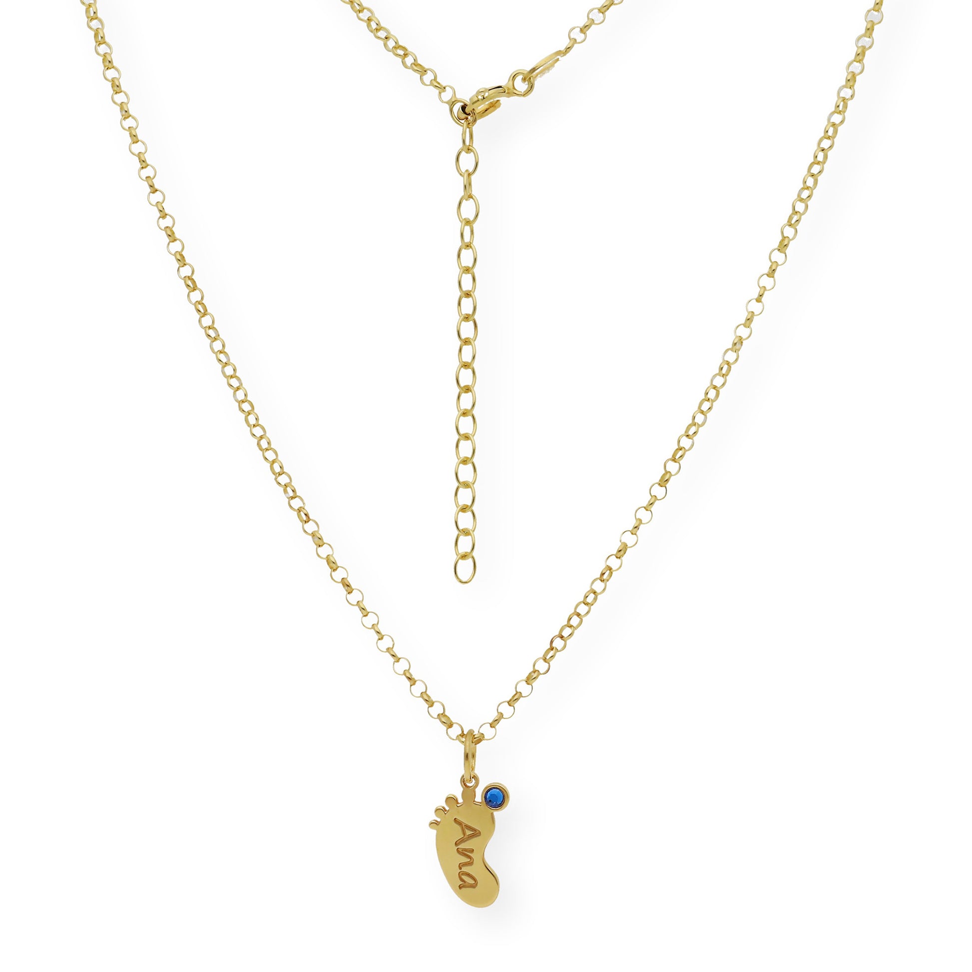Colgante Pie con Nombre y con Piedra de Color en Plata 925 y Baño de Oro 18k