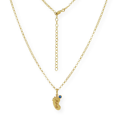 Colgante Pie con Nombre y con Piedra de Color en Plata 925 y Baño de Oro 18k