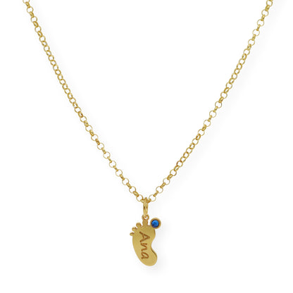 Colgante Pie con Nombre y con Piedra de Color en Plata 925 y Baño de Oro 18k