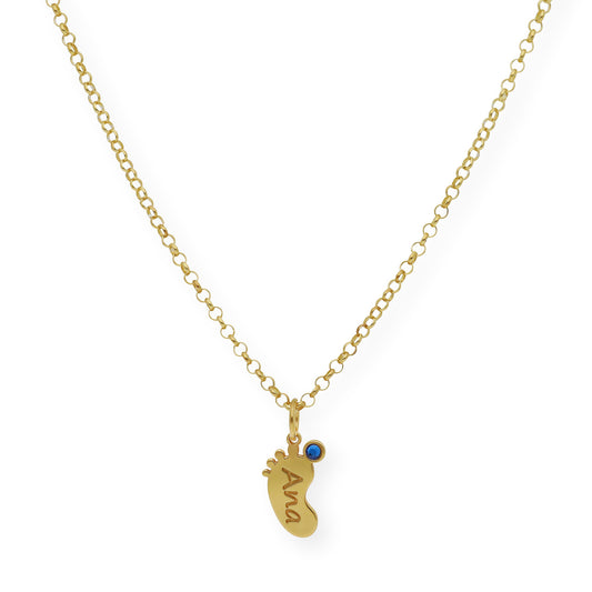 Colgante Pie con Nombre y con Piedra de Color en Plata 925 y Baño de Oro 18k